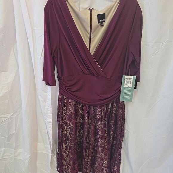 Dresses & Skirts - MELROSE: Mulberry/Nude Ruched Lace Chiffon Dress Elegant Romantic VTG‎ Dress 16P
